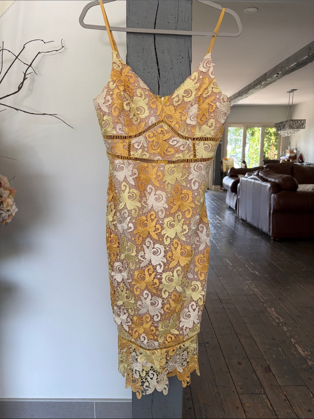 Just Me Yellow Floral Lace Midi Slip Dress